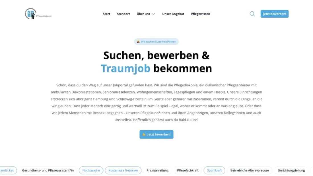 Das Jobportal der Pflegediakonie Alten Eichen: eine Liste offener Stellen mit Ort, Umfang und Eintrittsdatum, jede mit eigenem Verweis.