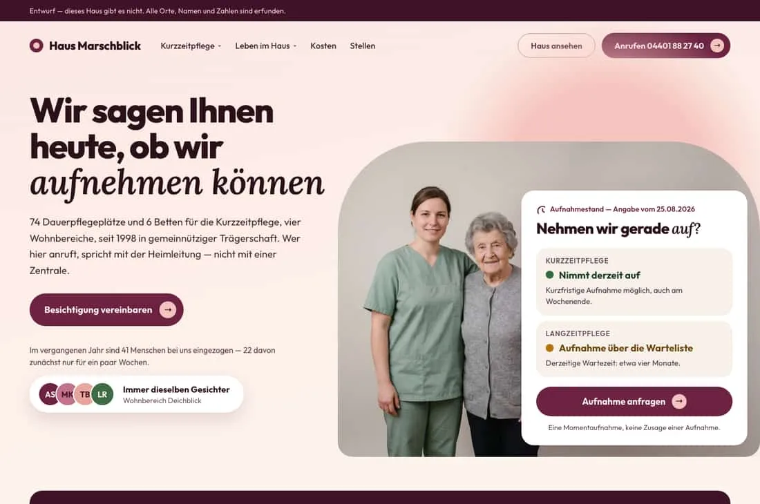 Musterseite eines Pflegeheims: Überschrift „Wir sagen Ihnen heute, ob wir aufnehmen können", rechts daneben ein Foto einer Pflegekraft neben einer Bewohnerin und darüber eine weiße Karte mit dem Aufnahmestand — Kurzzeitpflege nimmt auf, Langzeitpflege über die Warteliste, beides mit Standdatum.