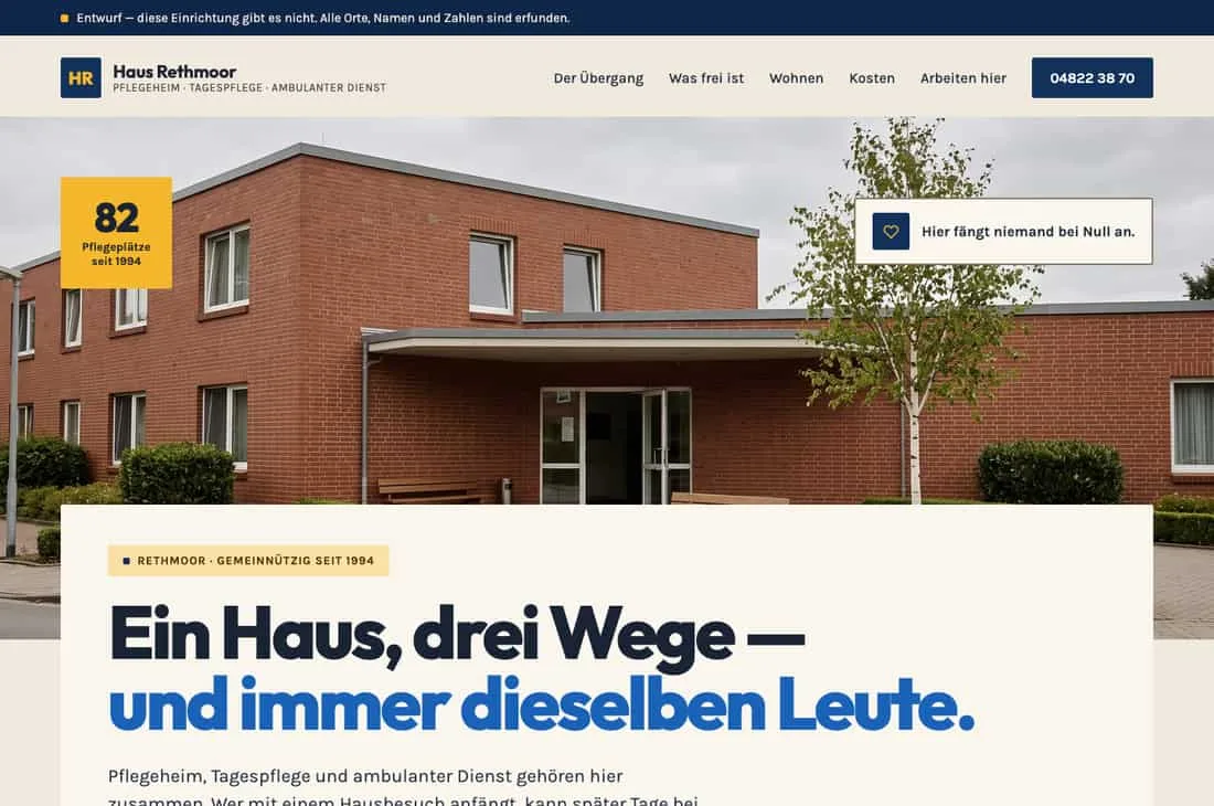 Entwurf einer Trägerseite: ein Backsteinhaus mit der Kachel „82 Pflegeplätze seit 1994", darunter die Überschrift „Ein Haus, drei Wege — und immer dieselben Leute" für Pflegeheim, Tagespflege und ambulanten Dienst; über allem der Balken „Entwurf — diese Einrichtung gibt es nicht".