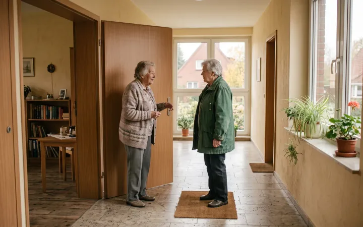 Eine Frau steht in der offenen Tür ihrer Wohnung und spricht mit einer Nachbarin im hellen Flur einer Wohnanlage.