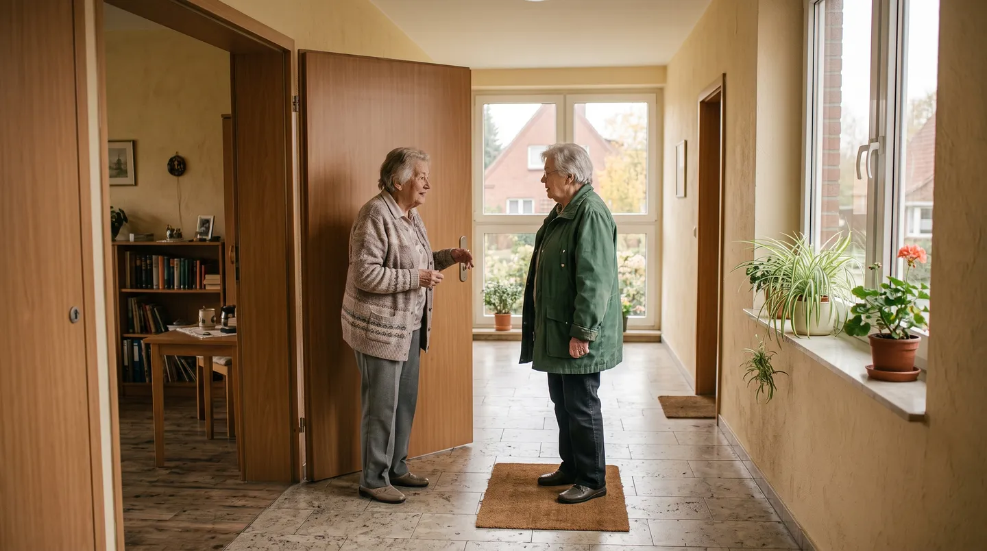 Eine Frau steht in der offenen Tür ihrer Wohnung und spricht mit einer Nachbarin im hellen Flur einer Wohnanlage.