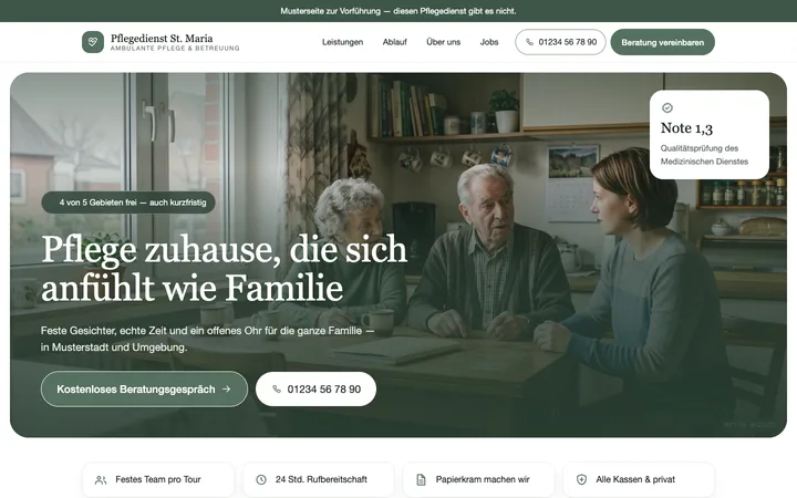 Musterseite eines ambulanten Pflegedienstes: die Überschrift „Pflege zuhause, die sich anfühlt wie Familie“ über einem Foto von drei Menschen an einem Küchentisch, rechts eine Karte mit der Note 1,3.