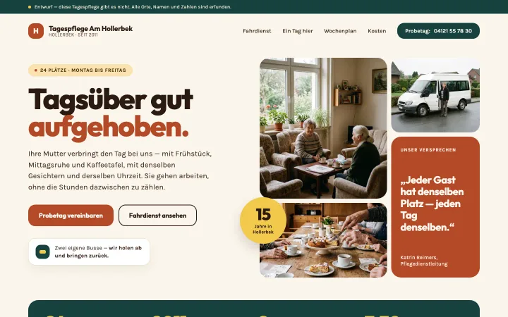 Entwurf einer Tagespflegeseite: Überschrift „Tagsüber gut aufgehoben.“, daneben vier Fotos aus Wohnraum und Fahrdienst, darunter eine Reihe mit Plätzen, Baujahr und Abholzeit.