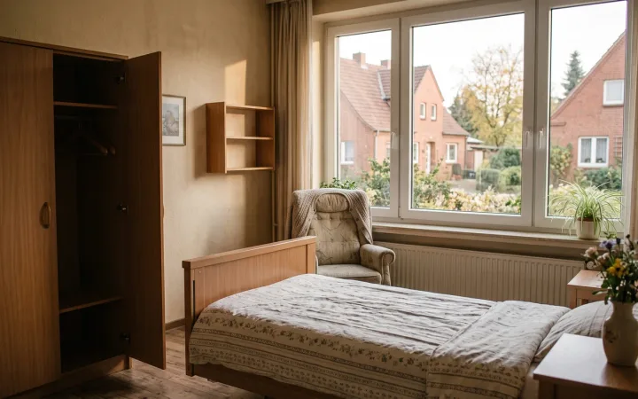 Ein frisch hergerichtetes, leeres Bewohnerzimmer: Bett mit frischer Bettwäsche, offener Kleiderschrank, Sessel am Fenster, Blumen auf dem Nachttisch.