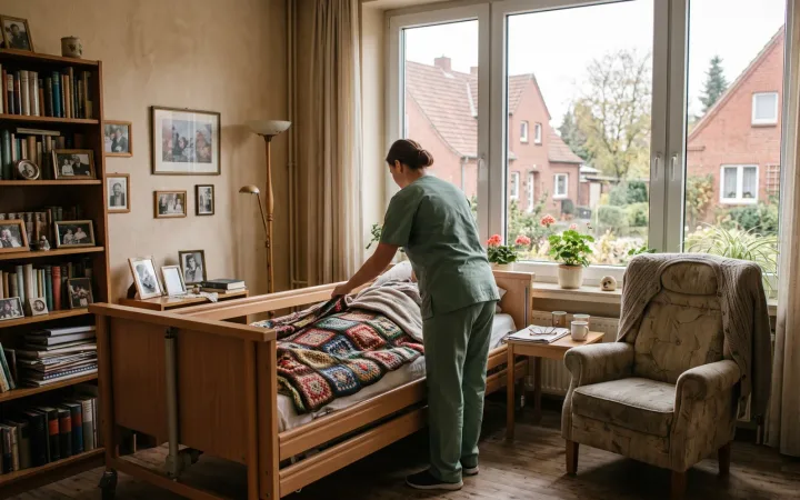 Ein Pflegebett steht am Fenster eines Wohnzimmers mit Bücherregal und Familienfotos; eine Pflegekraft richtet die Decke.