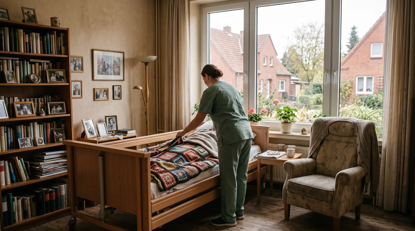 Ein Pflegebett steht am Fenster eines Wohnzimmers mit Bücherregal und Familienfotos; eine Pflegekraft richtet die Decke.