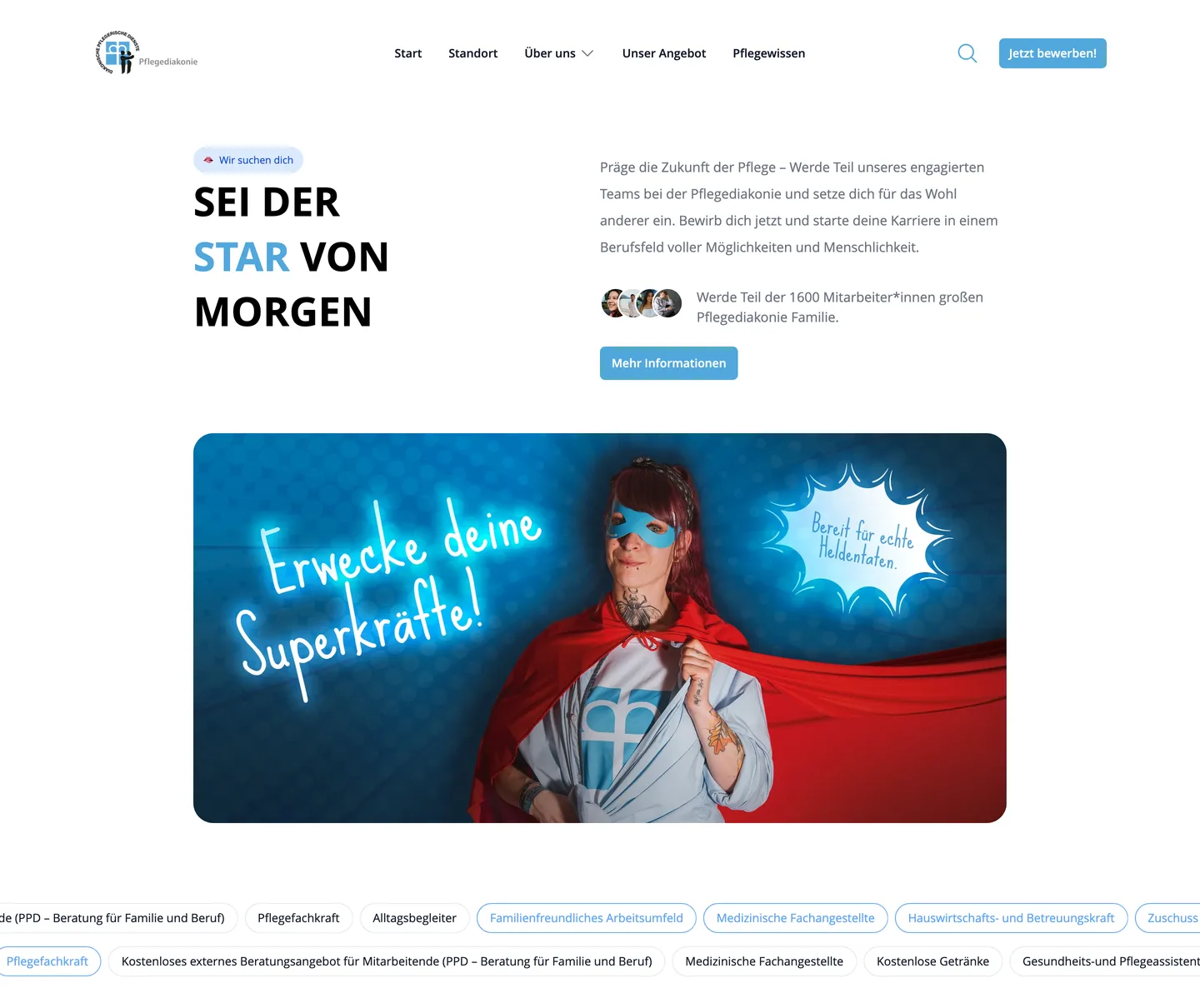 Ausbildungsseite der Pflegediakonie mit Angaben zur Pflegeausbildung und den Wegen, sich zu bewerben.