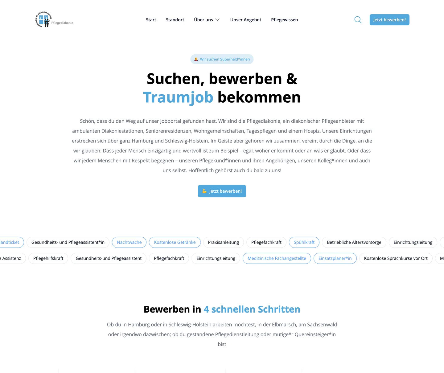 Jobportal der Pflegediakonie: Überschrift „Suchen, bewerben & Traumjob bekommen“, darunter Berufsbezeichnungen wie Pflegefachkraft, Einsatzplaner*in und Alltagsbegleiter neben Angaben zu Vergütung und Arbeitszeiten.