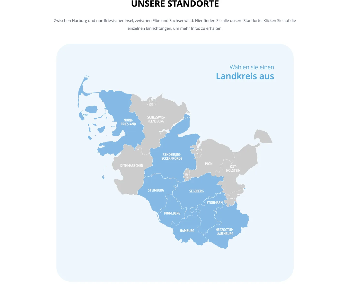 Standortübersicht der Pflegediakonie: eine gezeichnete Karte von Hamburg und Schleswig-Holstein, in der die Landkreise mit Einrichtungen blau hervorgehoben sind — Nordfriesland, Rendsburg-Eckernförde, Steinburg, Segeberg, Stormarn, Pinneberg, Hamburg und Herzogtum Lauenburg. Daneben die Aufforderung, einen Landkreis auszuwählen.