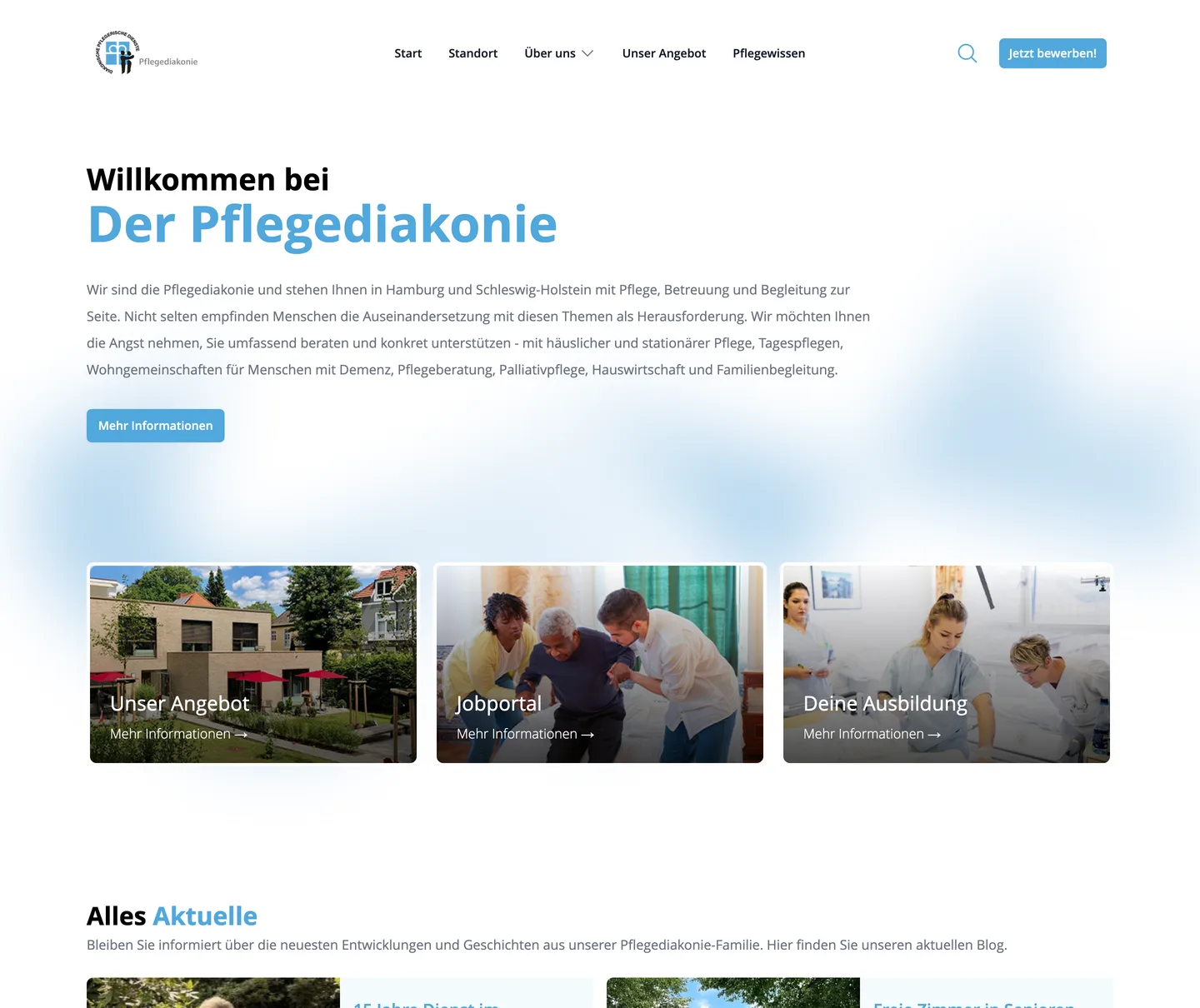 Startseite der Pflegediakonie Alten Eichen: über dem Kopf die Navigation mit Standort, Über uns, Unser Angebot und Pflegewissen, darunter die Überschrift „Willkommen bei Der Pflegediakonie“ und drei Kacheln zu Angebot, Jobportal und Ausbildung.